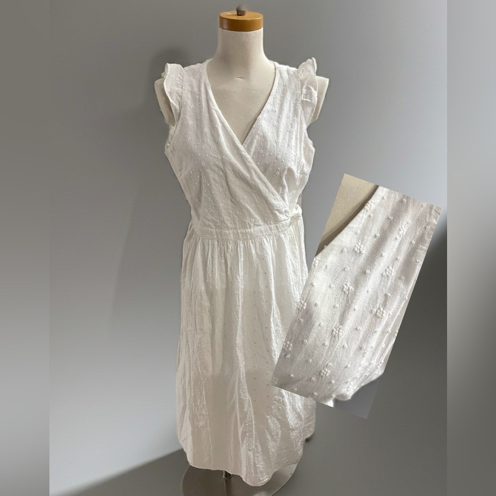 NWT LOFT White Eyelet Wrap Midi Dress Elegant Summer Floral Eyelet Sz M Petite
